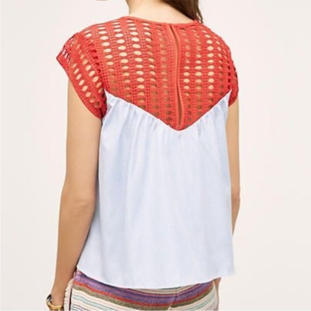 Red Crochet Yoke Cap-Sleeve Blouse
